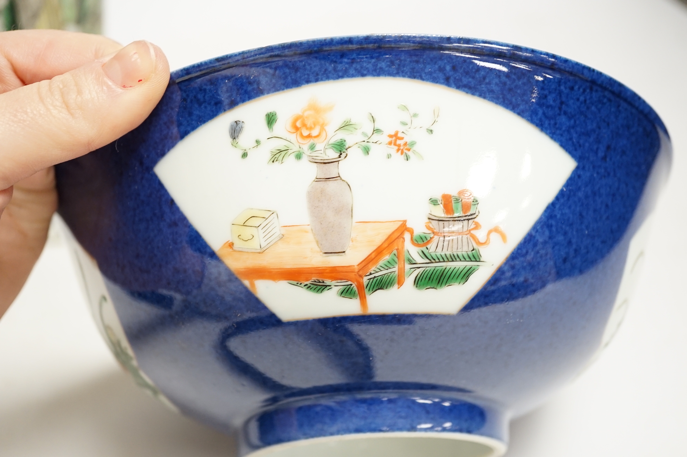 A Chinese famille verte ‘scholars’ vase and a Chinese powder blue bowl, both 19th century, - Image 7 of 8