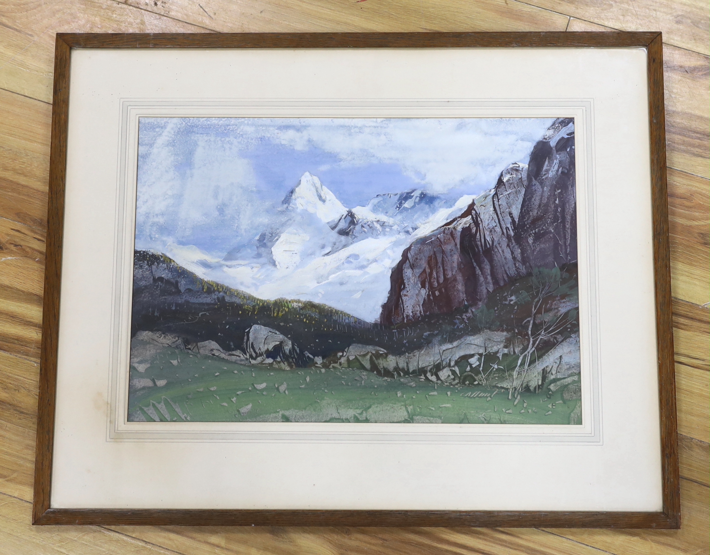 Attributed to Cecil Arthur Hunt (1873-1965), watercolour and gouache, 'The Eiger', unsigned, - Image 2 of 3