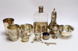 Sundry small silver including a George V sugar caster, small trophy cup, two small spoons, a fruit
