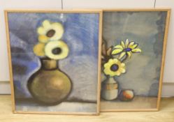 Victor Lukin (b.1945-), pair of pastel and mixed medias, Still lifes of flowers in vases, signed,