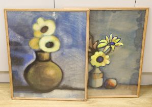 Victor Lukin (b.1945-), pair of pastel and mixed medias, Still lifes of flowers in vases, signed,