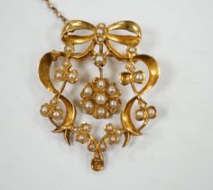 An Edwardian 15ct and seed pearl cluster set drop brooch, 37mm, gross weight 8 grams.