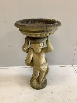 A reconstituted stone cherub bird bath, diameter 53cm, height 97cm