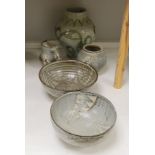 A 1961 Studio pottery vase and two bowls, a Studio pottery 'Gloucester' vase and a jug, largest 28cm