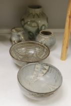 A 1961 Studio pottery vase and two bowls, a Studio pottery 'Gloucester' vase and a jug, largest 28cm