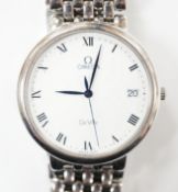 A gentleman's recent stainless steel Omega De Ville quartz wrist watch, on a stainless steel Omega