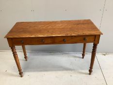 A Victorian satin walnut two drawer side table, width 121cm, depth 50cm, height 76cm