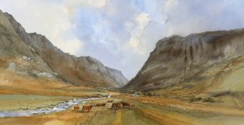 Andy Le Poidevin (20th.C), watercolour, 'Glen Coe, Scotland', signed, 38 x 73cm