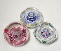 Three Whitefriars faceted millefiori glass paperweights, 8cm in diameter