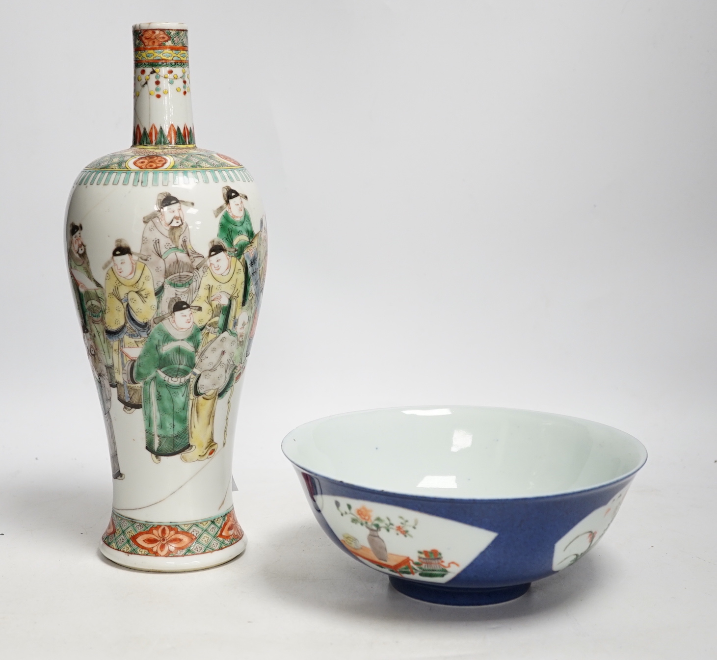 A Chinese famille verte ‘scholars’ vase and a Chinese powder blue bowl, both 19th century,