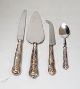 A set of six modern silver handled King's pattern table knives, five other silver handled items of