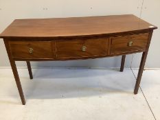 A George III mahogany three drawer bowfront serving table, width 141cm, depth 62cm, height 81cm