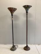 Two Tiffany style metal standard lamps with leaded glass shades, larger height 184cm