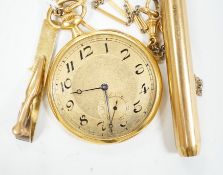 An 18k Longines keyless dress pocket watch, lacking glass, with Arabic dial and subsidiary