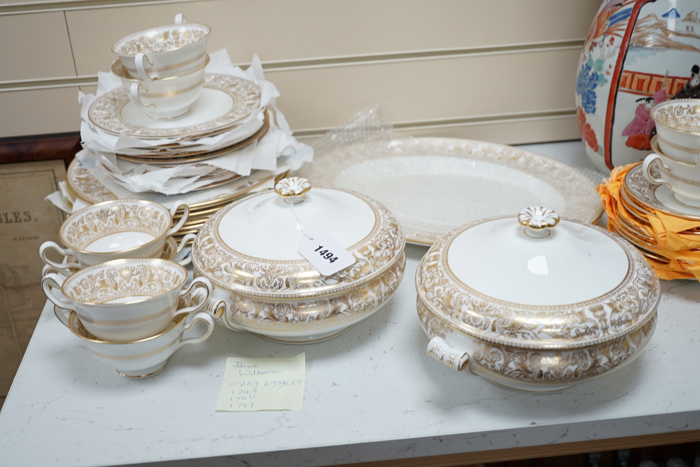 A Wedgwood Gold Florentine dinner and coffee service, mostly 8-12 settings, largest 39cm wide - Image 2 of 4
