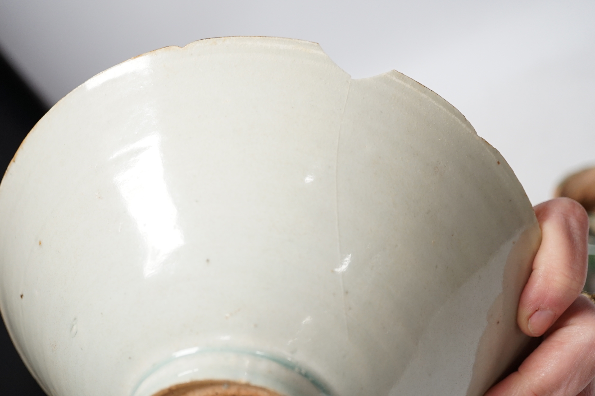 A Chinese incised Qingbai bowl, Song Dynasty and two green glazed Ming Dynasty pottery models of - Image 4 of 7