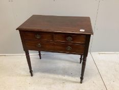 A Regency mahogany three drawer side table, width 76cm, depth 45cm, height 73cm