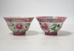 A pair of Chinese Straits famille rose pink ground bowls, Nonya ware, late 19th century, 5.5cm high
