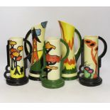 Two Clarice Cliff style jugs and three similar vases, four by Bernadette Eve and one by Crown Ducal,