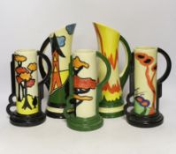 Two Clarice Cliff style jugs and three similar vases, four by Bernadette Eve and one by Crown Ducal,