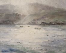R Green, Impressionist oil on board, Seascape with boats before mountains, monogrammed, inscribed