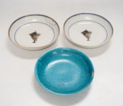 A Chinese turquoise glazed saucer dish, Qianlong Mark and period and two Chinese export famille rose