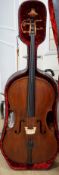 A cased early 20th century ‘cello, length of body 75.5cm, with two spare bridges, and spare strings