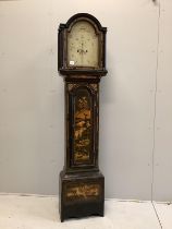 A 19th century black and gold chinoiserie lacquer eight day longcase clock, with a painted arched