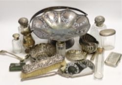 Small silver items including a pair of silver mounted cut glass scent bottles small bowl, toilet