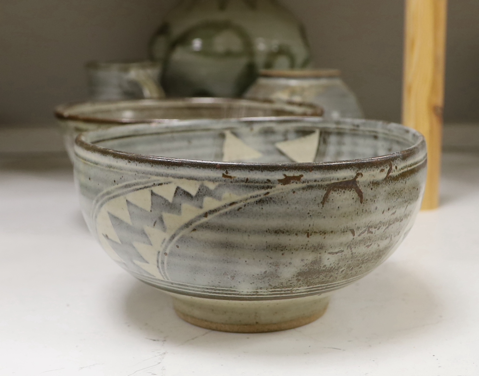 A 1961 Studio pottery vase and two bowls, a Studio pottery 'Gloucester' vase and a jug, largest 28cm - Image 2 of 3