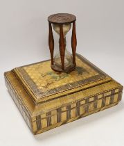An early 19th century French straw work box with a mahogany sand timer