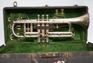 An Elkhart, Indiana No. 144989 trumpet, unusual trumpet with threaded fine adjust tuning slides,