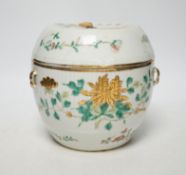 A Chinese enamelled porcelain barrel shaped jar and covered, 19th century, 16cm high