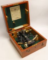 A cased mid-20th century Husun sextant in a fitted case, manufacturer inspection certificate label
