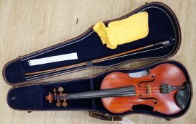 An English cased violin by Thomas J. Bellingham, Leeds, 1909, body length, 35.5cm, with a chased