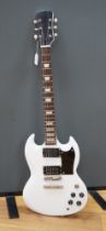 A white painted electric six string guitar