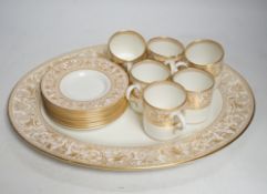 A Wedgwood Gold Florentine dinner and coffee service, mostly 8-12 settings, largest 39cm wide