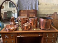 A collection of Victorian copper and brassware to include a riveted circular coal bucket, preserve