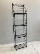A wrought iron four tier baker's rack, width 53cm, depth 30cm, height 198cm