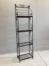 A wrought iron four tier baker's rack, width 53cm, depth 30cm, height 198cm