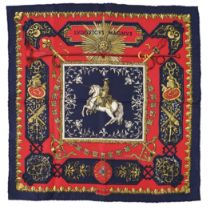 A Hermès Gavroche 45 silk neckerchief, navy, red, white and gold colours, 45cm x 45cm