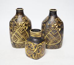 A pair of Royal Copenhagen brown and yellow decorated fajance vases marked 3208 on base and a