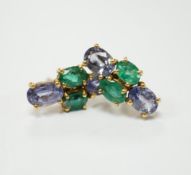 A modern pair of 18ct gold, two stone emerald and two stone sapphire set ear studs, 15mm by 7mm,