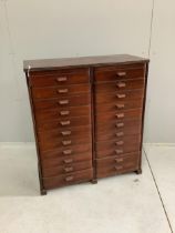 A mid century mahogany twenty-two drawer filing chest, width 79cm, depth 36cm, height 91cm