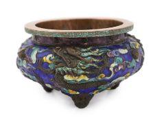A rare Chinese champlevé enamel and copper repousse work ‘dragon’ censer, Xuande six character mark,