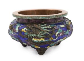 A rare Chinese champlevé enamel and copper repousse work ‘dragon’ censer, Xuande six character mark,