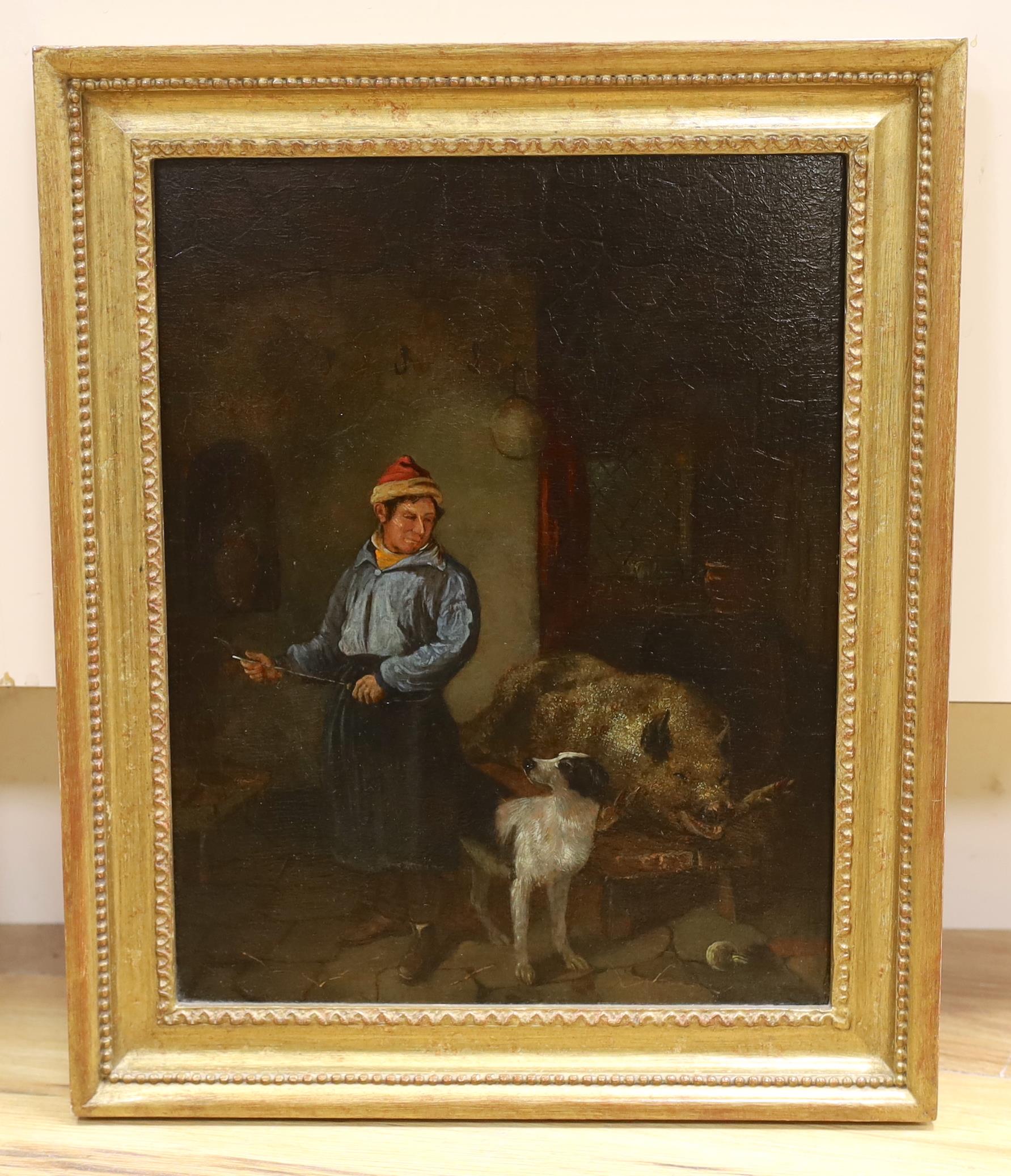 After George Morland (1763-1804), oil on oak panel, Interior with a figure preparing to butcher a - Image 2 of 3