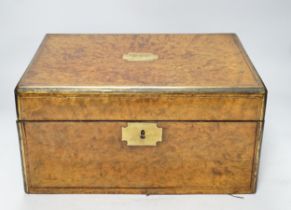 A 19th century brass inlaid burr walnut writing box, 34cm wide