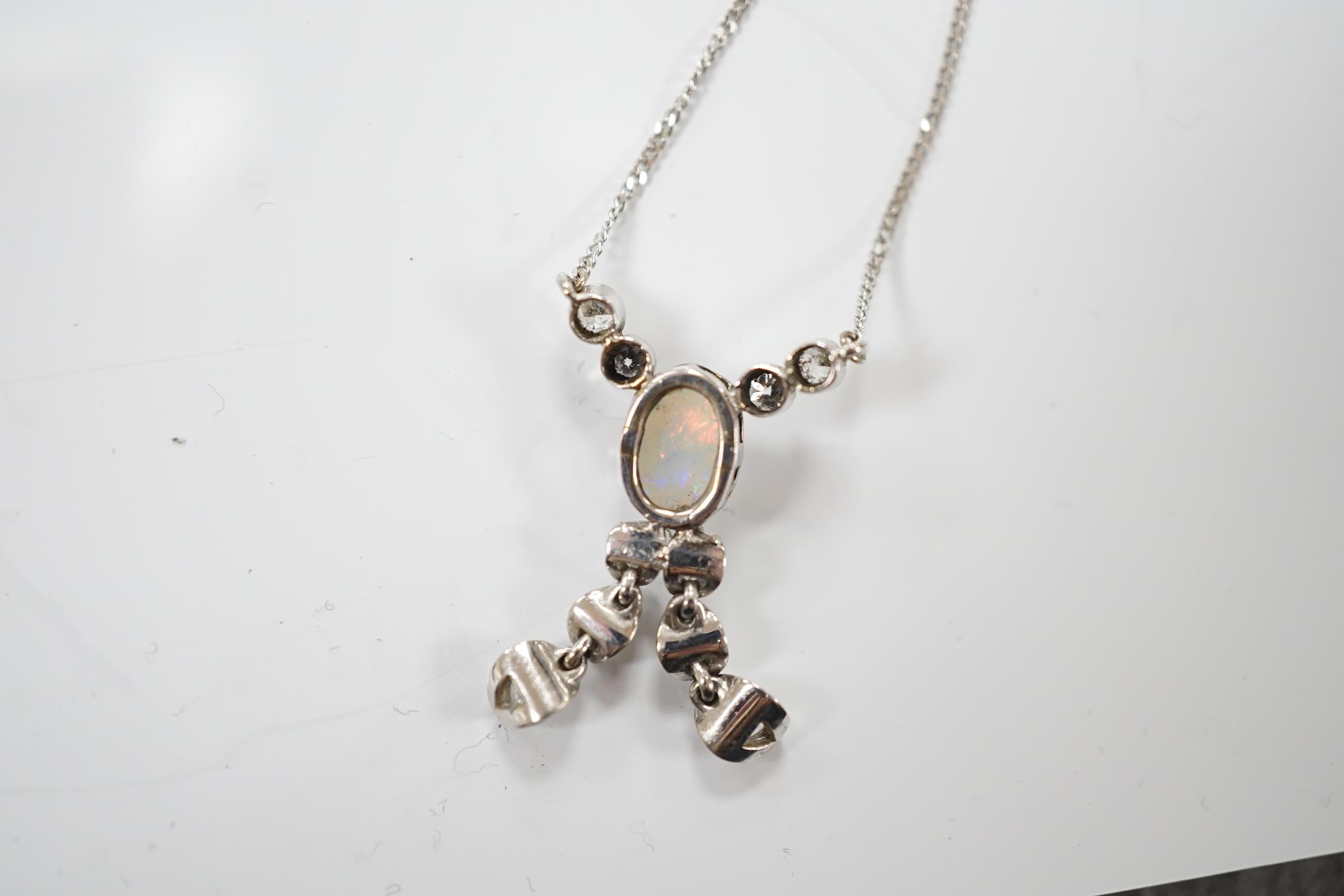 A modern 18ct white gold, white opal and diamond cluster set double drop pendant necklace, overall - Image 8 of 8