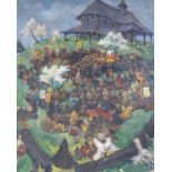 Eastern European School, oil on card, Religious festival and woman carrying bowls verso,